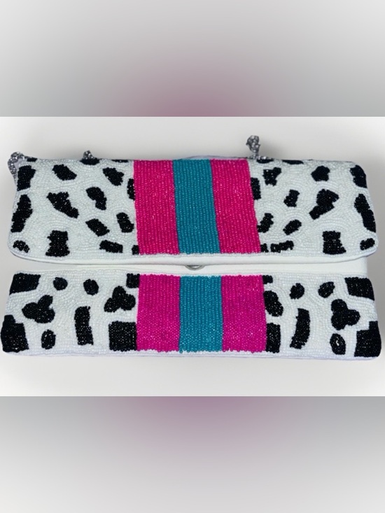 Handbags - Beaded NWOT Viral Dalmatian Print Clutch/Crossbody Pink/Teal Stripes
